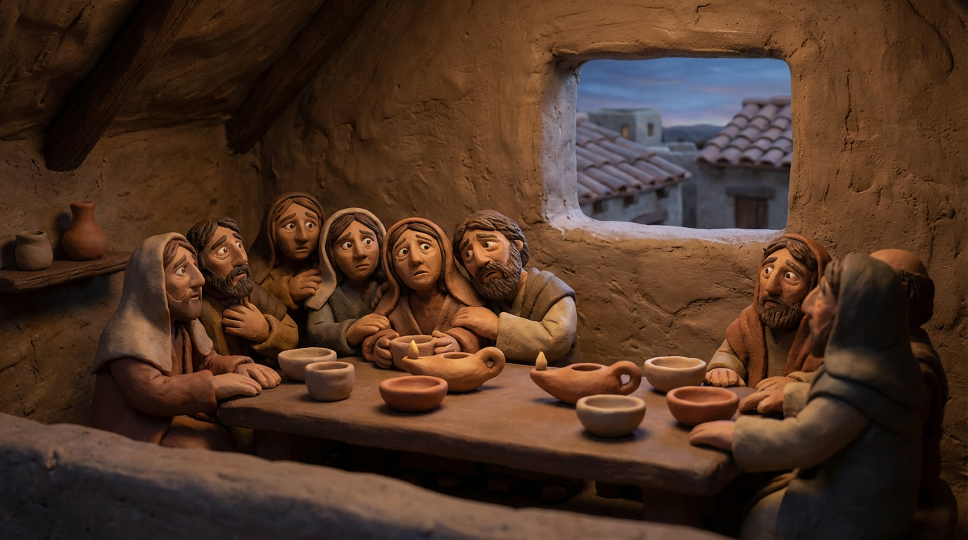 A group of claymation figures gathering around a table in an ancient stone building.